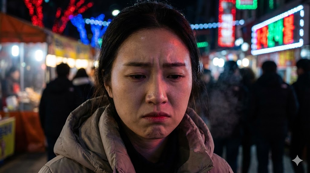 인파에 치여 실망한 표정의 빛 축제 관광객