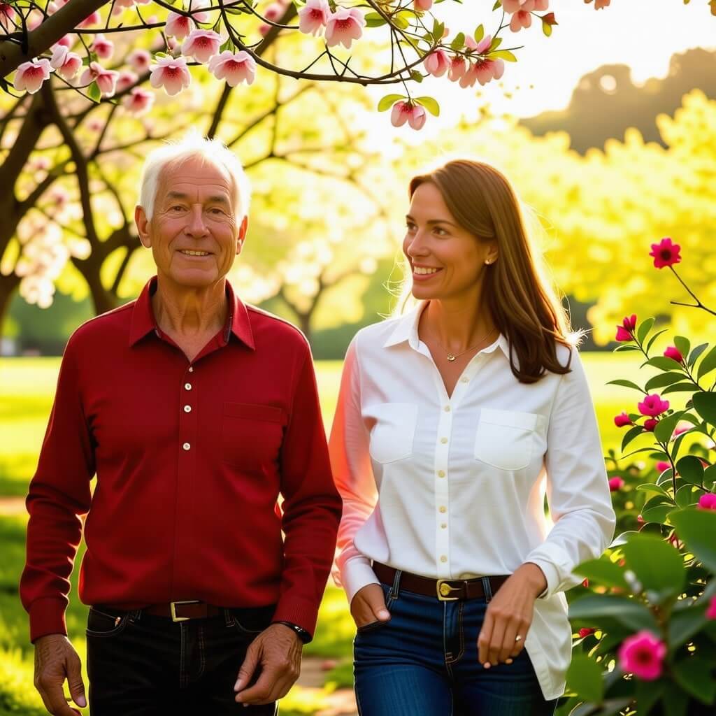 활동적인 요양보호사: 요양보호사가 노인과 함께 공원에서 산책하는 모습. 자연의 푸르름과 함께 건강한 노후를 상징.
