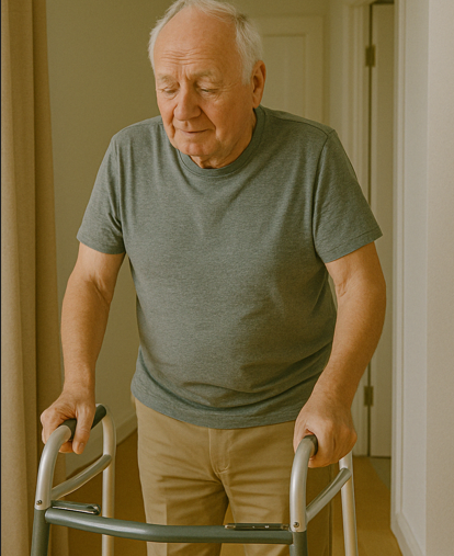 보행보조기를 사용하여 걷고 있는 노인의 모습