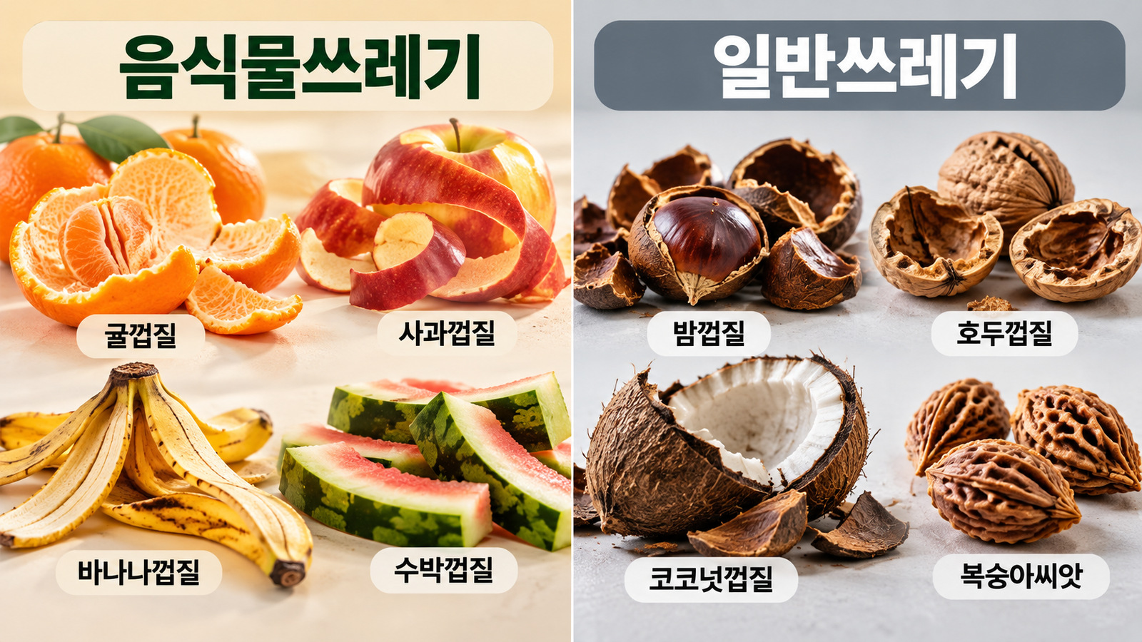 귤&middot;사과&middot;바나나&middot;수박의 부드러운 껍질과 밤&middot;호두&middot;코코넛의 딱딱한 껍질 및 복숭아씨를 대비한 실사형 비교 인포그래픽