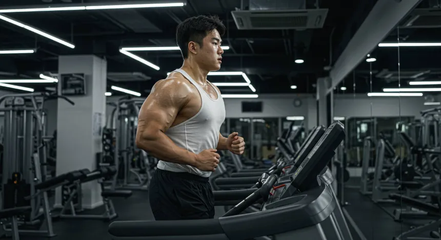 헬스장에서 러닝머신을 뛰고있는 남성 이미지