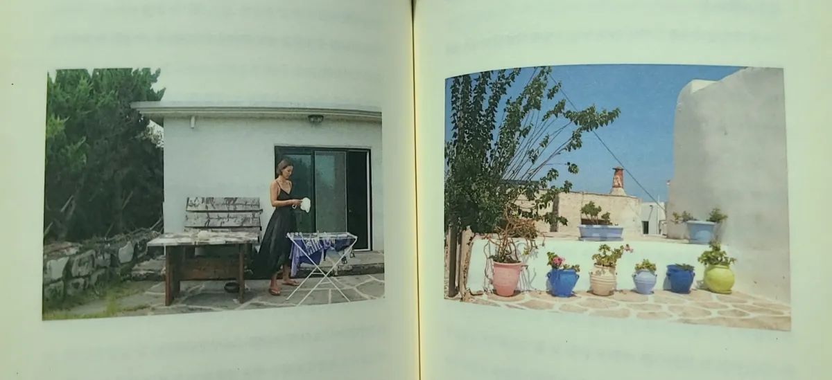 나무로-둘러쌓인-하얀집-원피스를입은여자가-빨래를널고있는모습-화려한색깔의-화분들-심어져있는꽃들