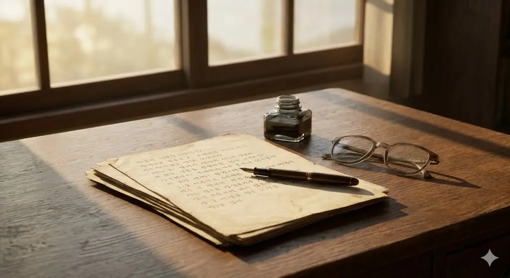 빛바랜 원고지와 오래된 만년필이 놓인 1950년대 분위기의 목재 책상 풍경