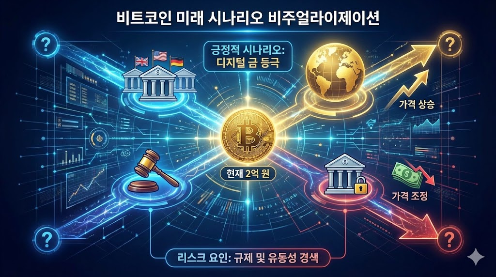 비트코인의 향후 긍정적 전망과 주요 리스크 요인을 시각화한 시나리오 맵