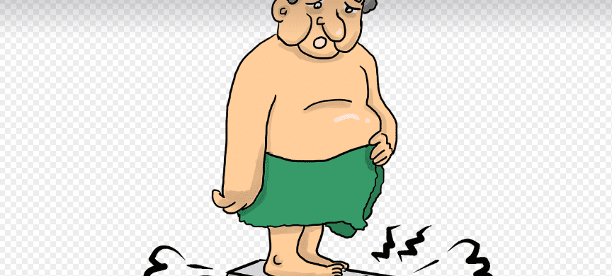 아랫배가 나온 중년 남자가 저울 위에서 체중을 측정하고 있다