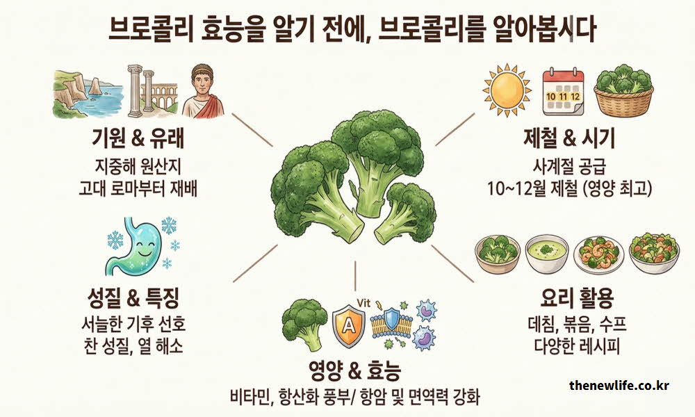 브로콜리 효능의 역사적 기원과 유래, 성질을 안내하는 이미지
