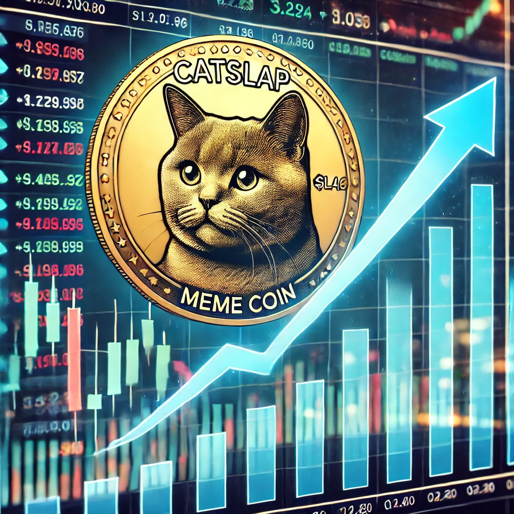 "캣슬랩(CatSlap) 코인의 급등을 나타내는 금융 차트. 강한 상승 곡선을 보이며 거래량 증가."