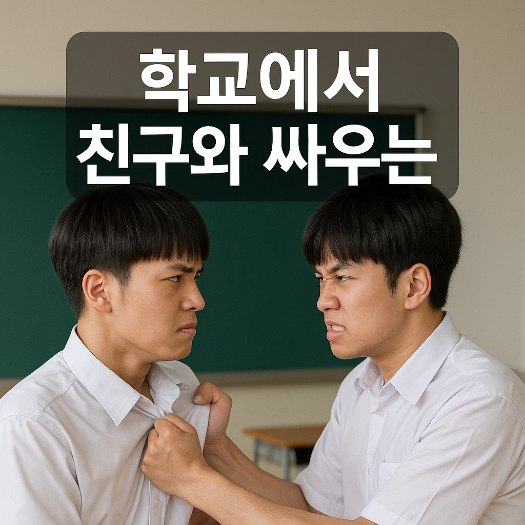 학교에서 친구와 싸우는 꿈 &ndash; 교실 안에서 교복을 입은 두 명의 남학생이 서로 멱살을 잡고 다투는 모습