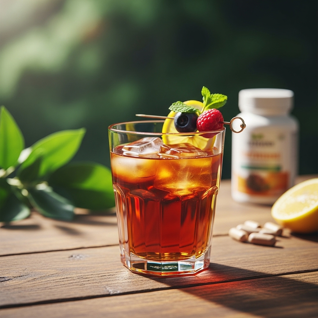 따뜻한 햇살 아래 나무 테이블에 놓인 시원한 흑초 음료, 옆에는 신선한 베리와 레몬이 있어 활력과 건강함을 상징합니다.