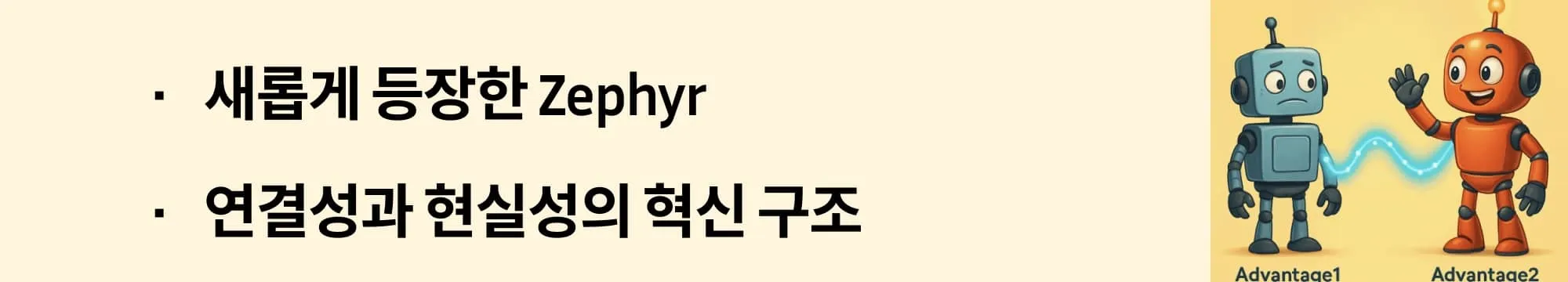 [새롭게 등장한 Zephyr]라는 문구가 포함된 웹배너 이미지. 이 이미지는 Advantage2의 핵심 토폴로지인 Zephyr 구조의 특징과 연결성 향상을 시각적으로 전달하며, 블로그의 구조적 진화 설명과 기술적 혁신을 다룬 내용을 설명함 (Zephyr topology, Advantage2, D-Wave system)