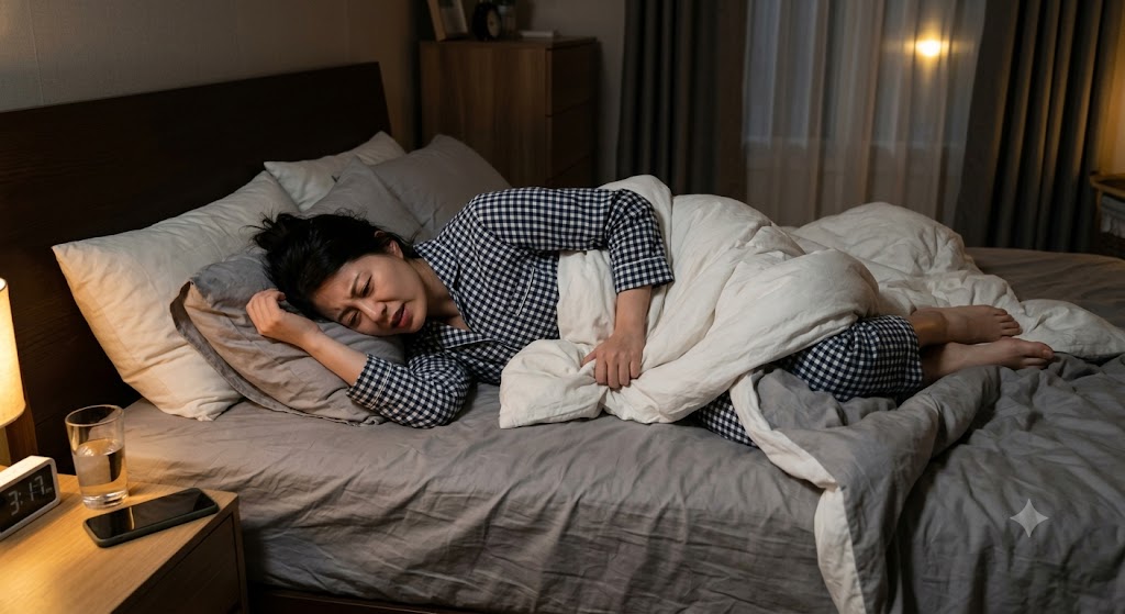 불면증으로 침대에서 뒤척이는 여성