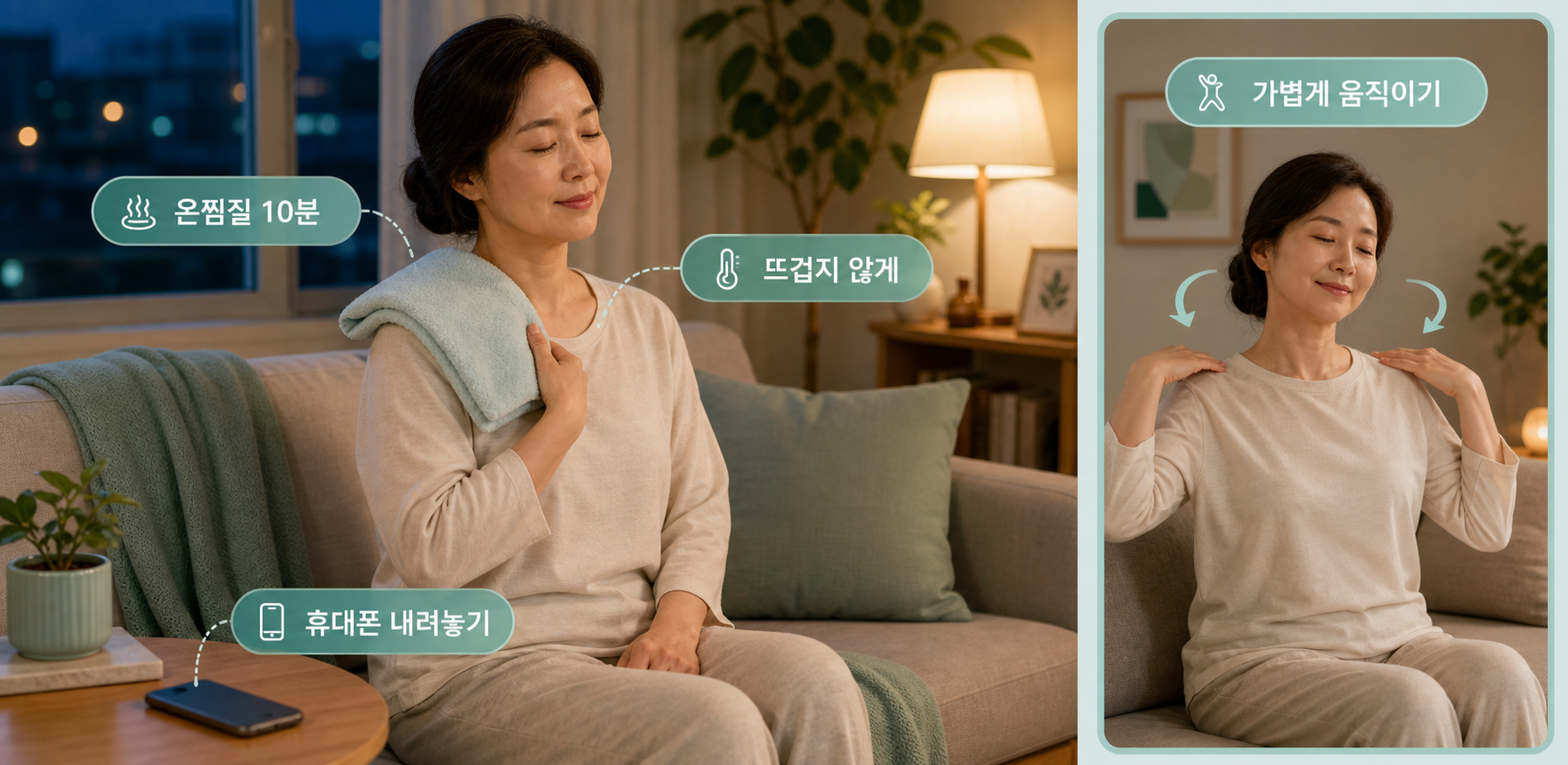 어깨 뭉침 줄이는 생활습관 중 저녁 온찜질과 가벼운 움직임