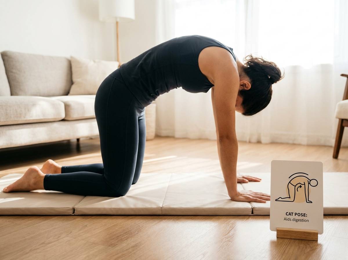 요가 매트 위에서 고양이 자세 스트레칭을 하는 사람, 장 운동을 돕는 동작 설명 아이콘 포함