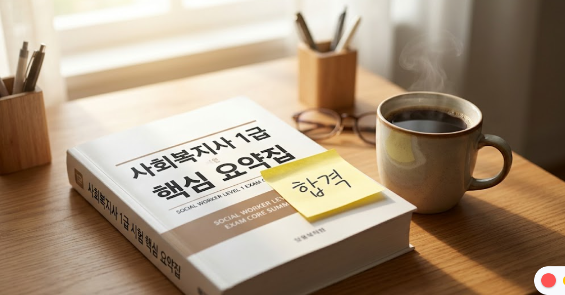책상 위에 놓인 사회복지사 1급 수험서와 따뜻한 커피 한 잔