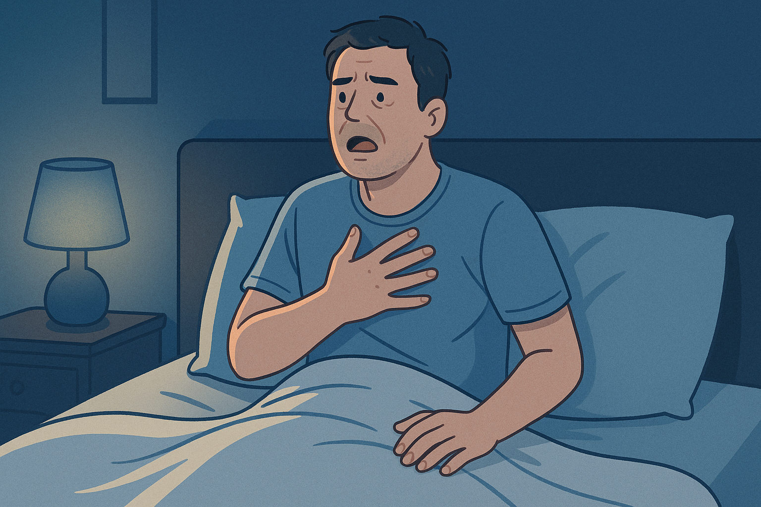 밤에 숨이 차서 침대에서 상체를 세우고 앉아 있는 남성