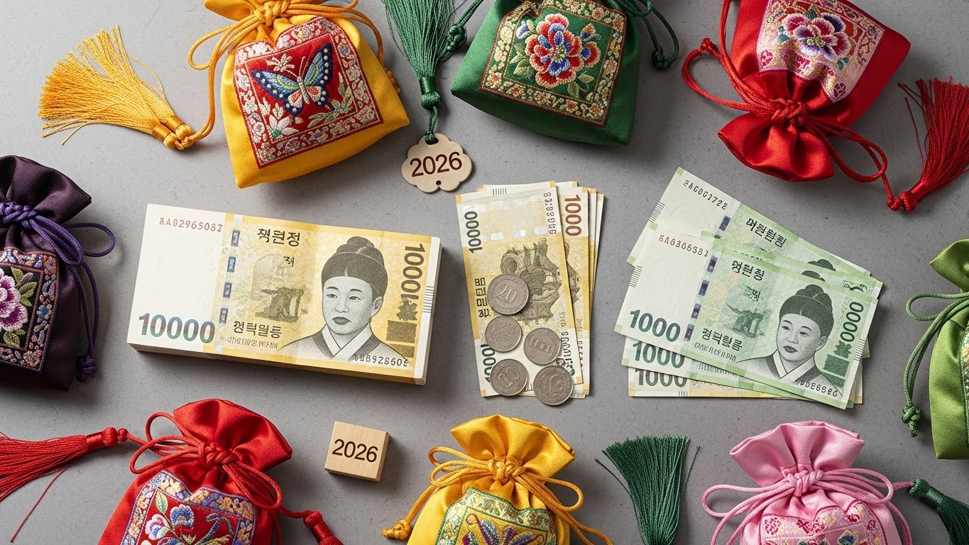 2026년 설날을 맞아 정갈하게 준비된 세뱃돈과 복주머니의 모습