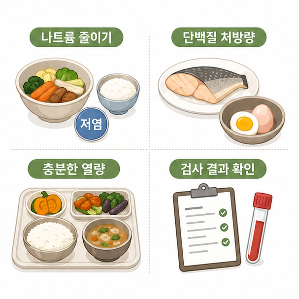 나트륨 줄이기, 단백질 처방량, 충분한 열량, 검사 결과 확인으로 정리한 식사 기준