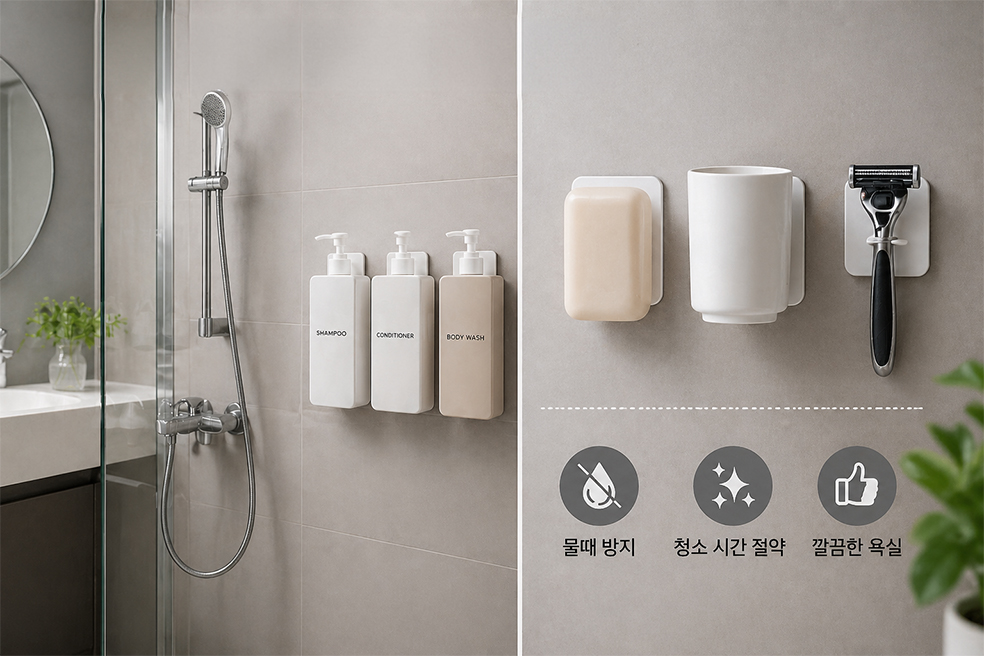 욕실 수납을 깔끔하게 유지하기위해 공중 부양으로 욕실 아이템을 붙여 표현한 이미지