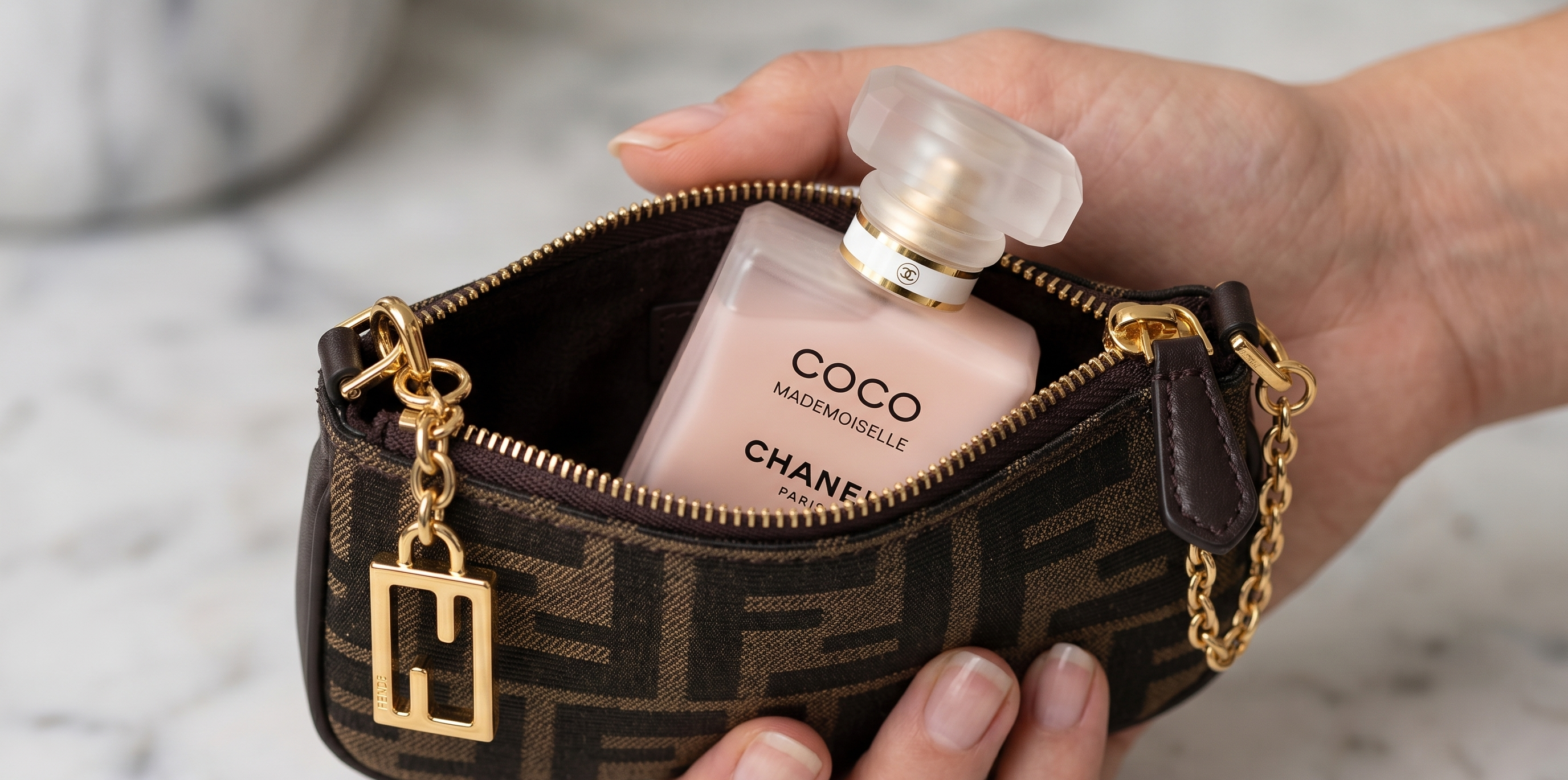 파우치 속에 들어있는 샤넬 헤어 미스트 35ml 휴대성 강조 사진