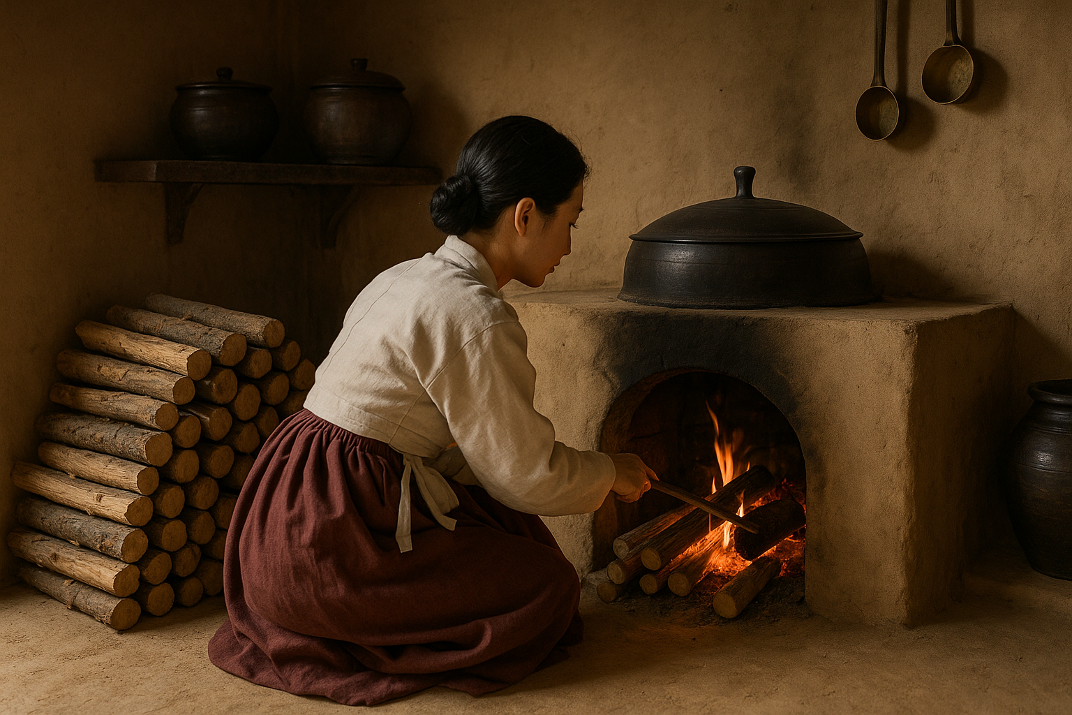 아궁이 앞에서 장작을 정갈하게 쌓아 올리고 불씨를 관리하는 전통 부엌의 모습