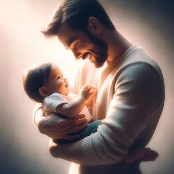 아기와 아빠가 눈을 마주치고 웃고 있는 모습