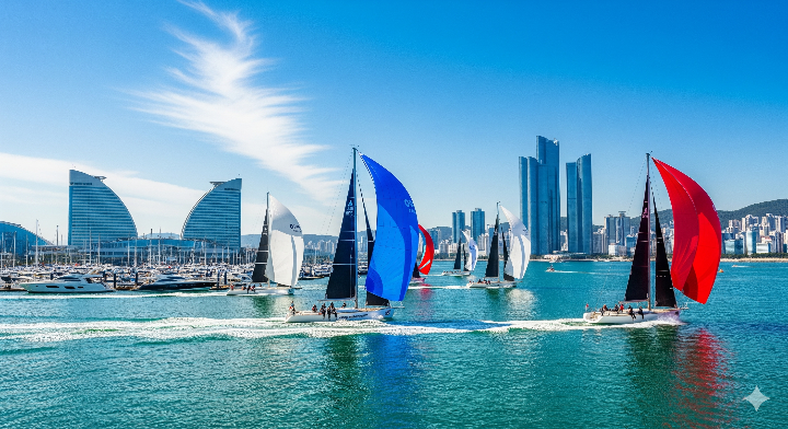 맑은 날 수영만 요트경기장에서 요트 경기가 진행되는 모습