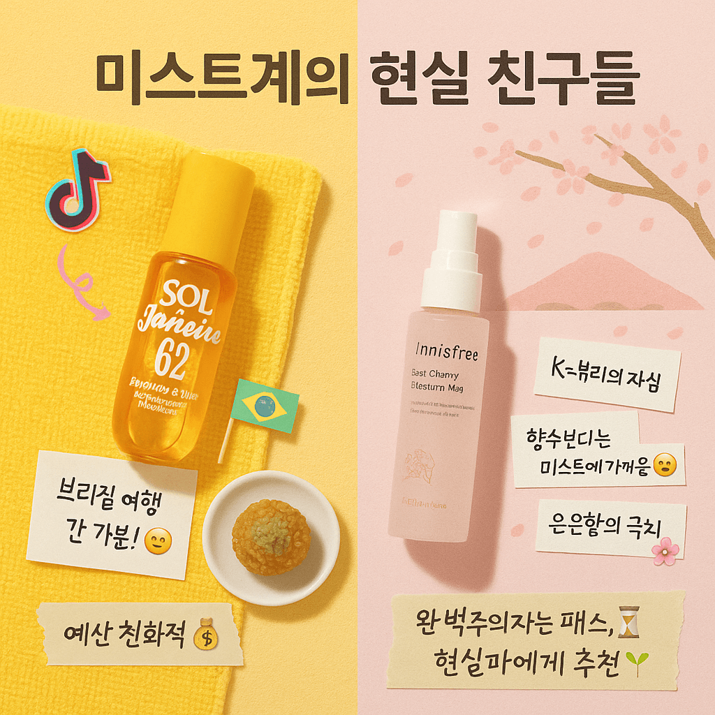 노란 비치 타월 위에 Sol de Janeiro Brazilian Crush Cheirosa '62 미스트, 피스타치오 캐러멜 디저트와 브라질 국기, 틱톡 로고 및 “브라질 여행 간 기분!” 메모가 놓인 왼쪽 섹션과, 분홍 벚꽃잎이 흩날리는 제주 오름 일러스트 아래 이니스프리 제주 벚꽃 미스트와 “K-뷰티의 자존심”, “향수보다는 미스트에 가까움”, “은은함의 극치” 메모가 배치된 오른쪽 섹션으로 구성된 미니멀·산뜻한 2-분할 플랫레이 이미지; 상단에는 ‘미스트계의 현실 친구들’ 제목, 하단에는 “완벽주의자는 패스, 현실파에게 추천!” 메모가 보인다