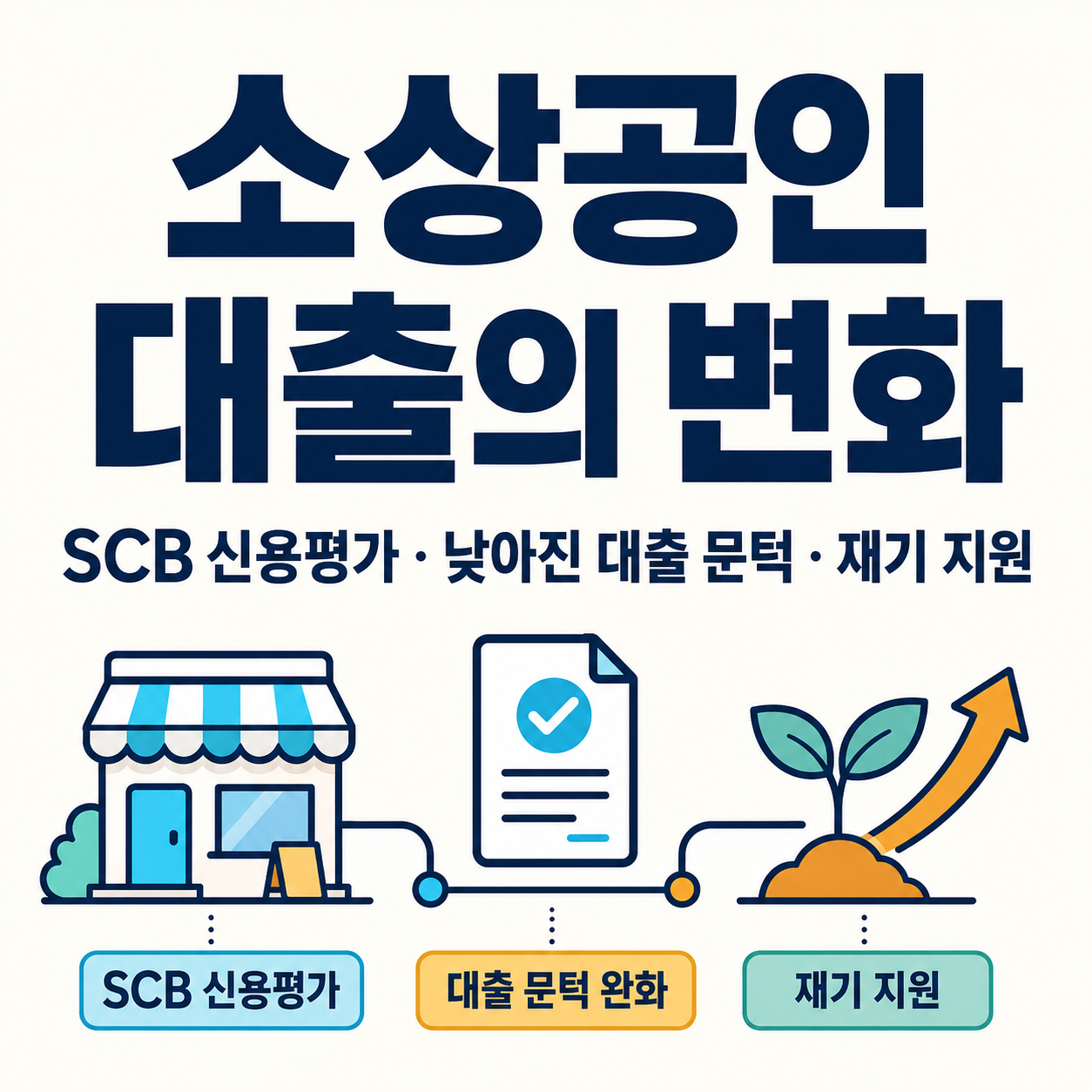 SCB 신용평가와 대출 문턱 완화, 재기 지원으로 달라지는 소상공인 대출 제도 인포그래픽