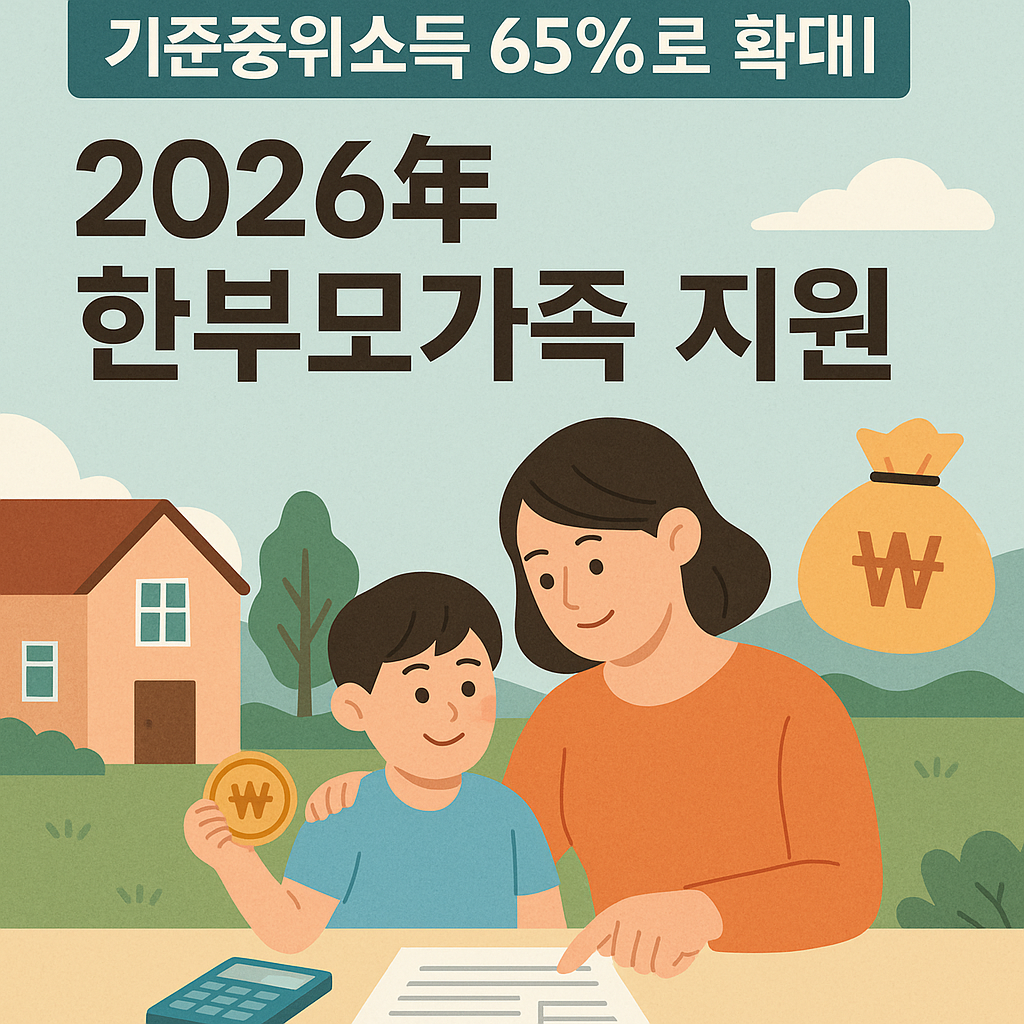 2026년 한부모가족 지원 확대를 알리는 인포그래픽, 엄마와 아이가 함께 서류를 보며 웃고 있고 집과 돈주머니 아이콘이 배경에 표현된 장면