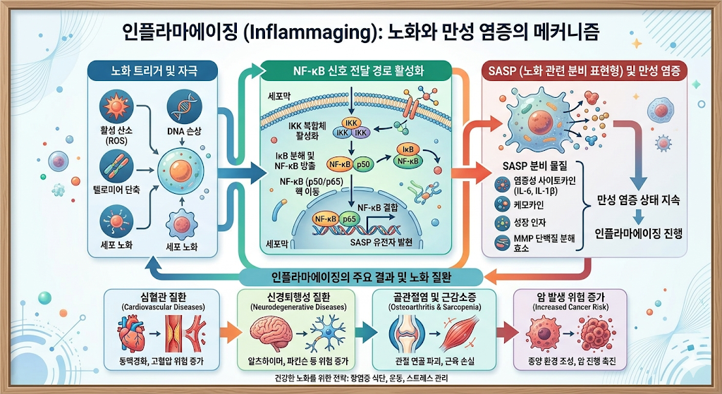 인플라메이징 만성 염증 노화 &mdash; NF-&kappa;B SASP 노화 세포 미토콘드리아 장 누수 항염 식이 전략