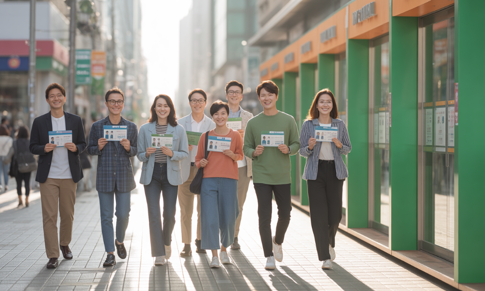 제21대 대통령선거 투표소로 향하는 다양한 연령대의 유권자들이 미소를 지으며 실물 및 모바일 신분증을 들고 있는 모습.