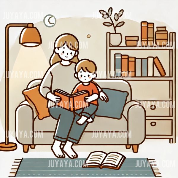 육아휴직 활용법 : 육아휴직 중 부모가 아이와 함께 거실 소파에서 책을 읽는 장면. 따뜻한 조명과 심플한 배경으로 표현된 웹툰 스타일.