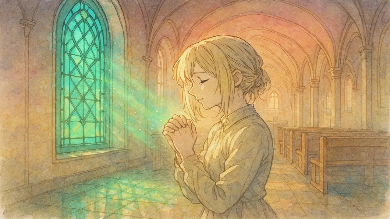 평화로운 표정으로 기도하는 여성의 모습, 용서와 영성의 안정감을 보여주는 이미지