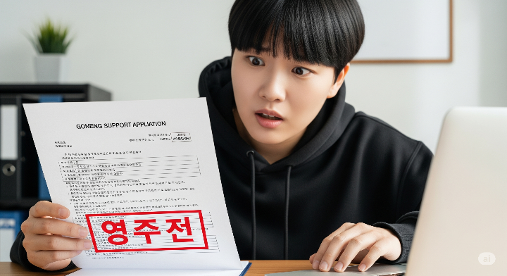 정부지원금 신청서의 '탈락' 도장을 보고 좌절하는 신청인