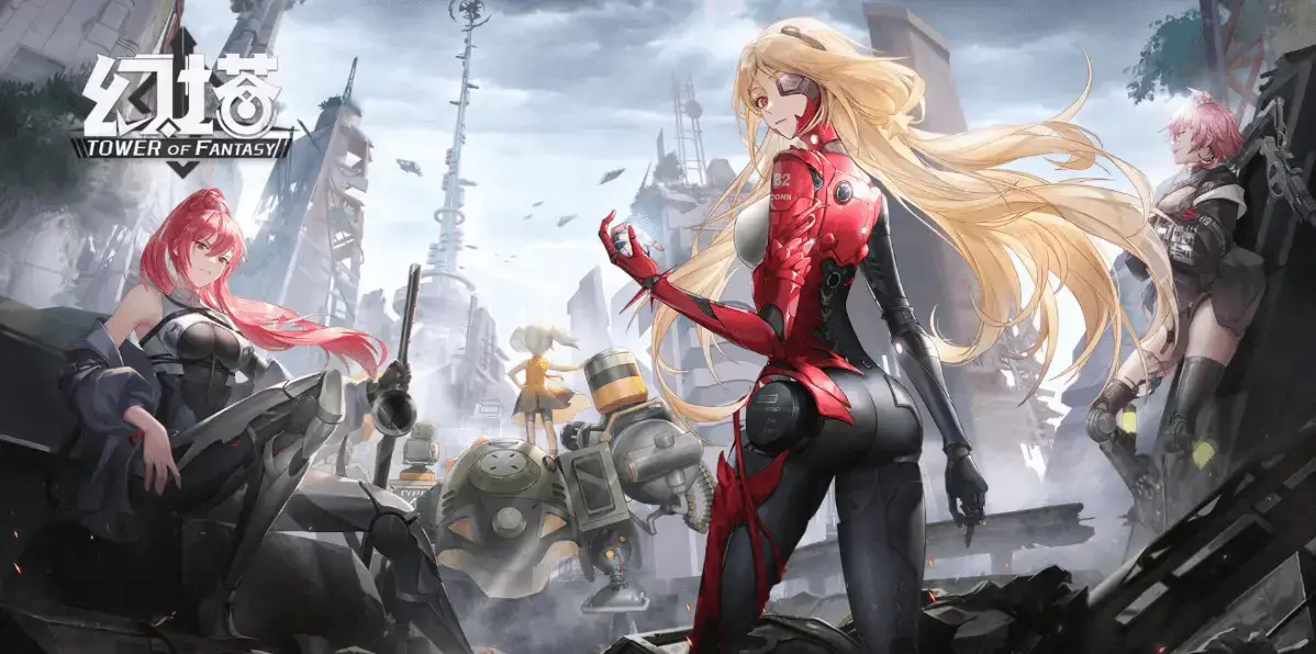 Tower of Fantasy의 주요 여성 캐릭터들이 미래도시 배경에서 전투 태세를 갖추고 있는 모습