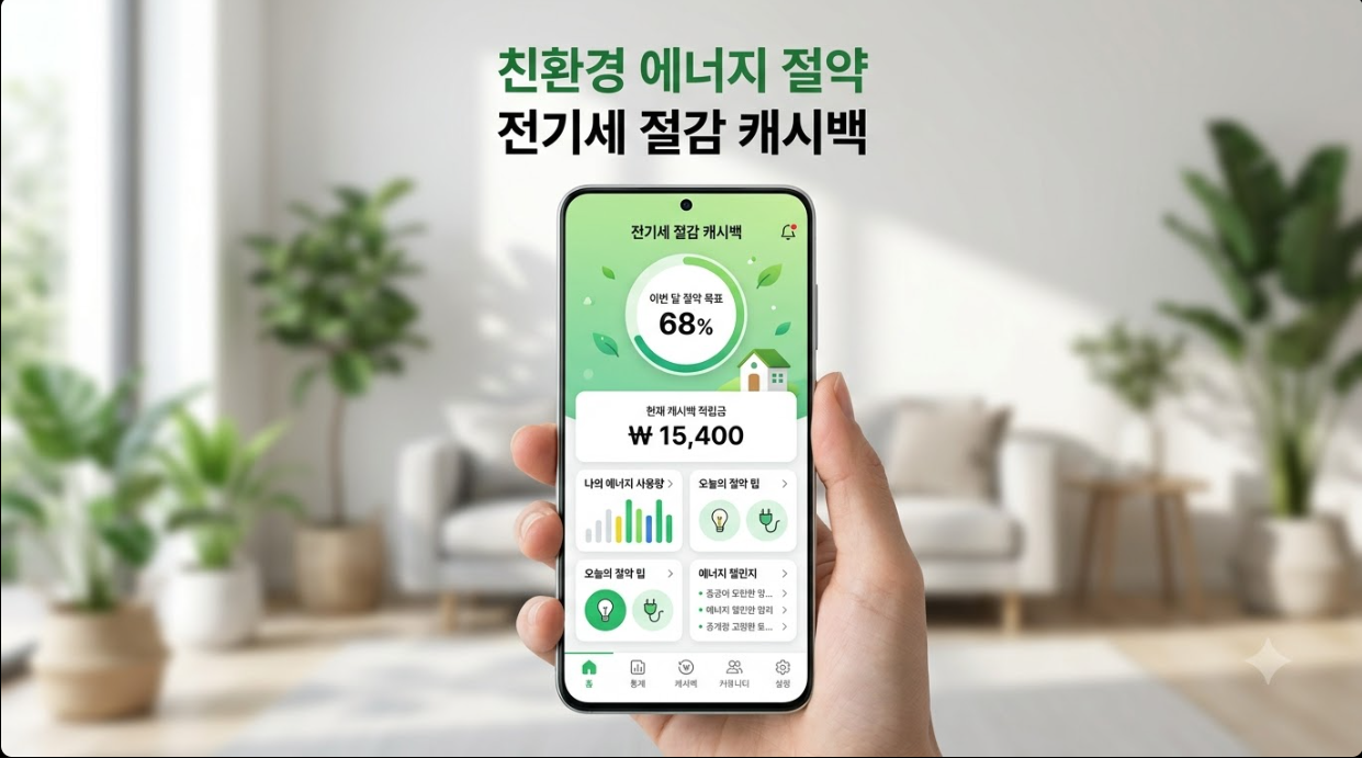 친환경 에너지 절약 및 전기세 절감 캐시백 모바일 앱 화면