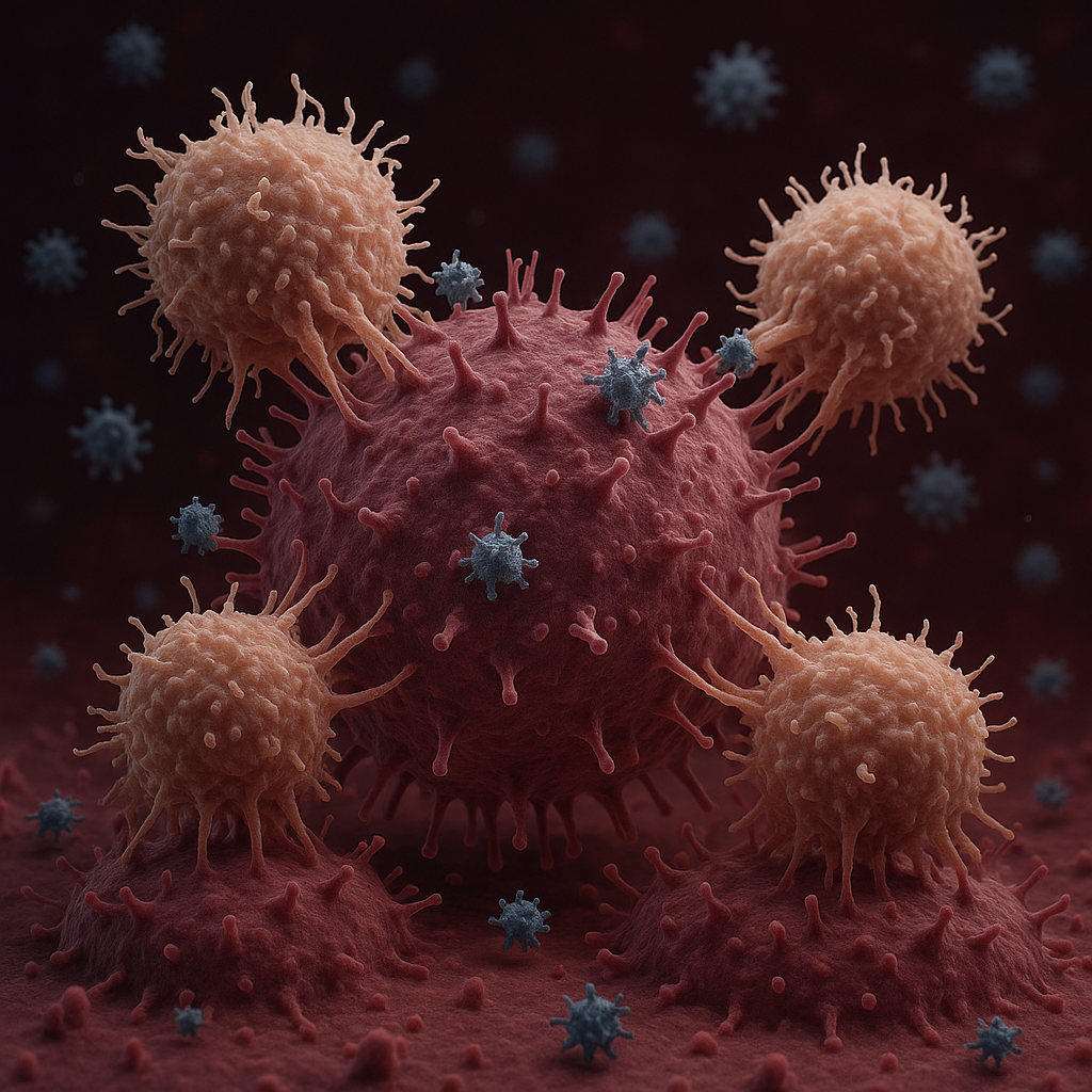 바이러스 감염 세포를 공격하는 NK세포의 3D 면역 이미지