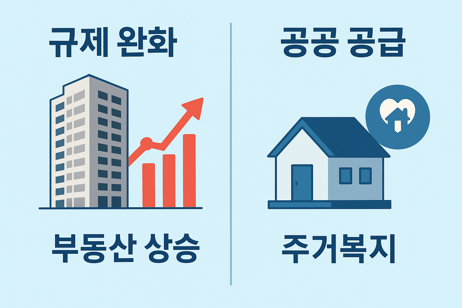 규제 완화와 공공 공급 중심 부동산 정책 변화의 이점과 단점을 비교한 시각 자료