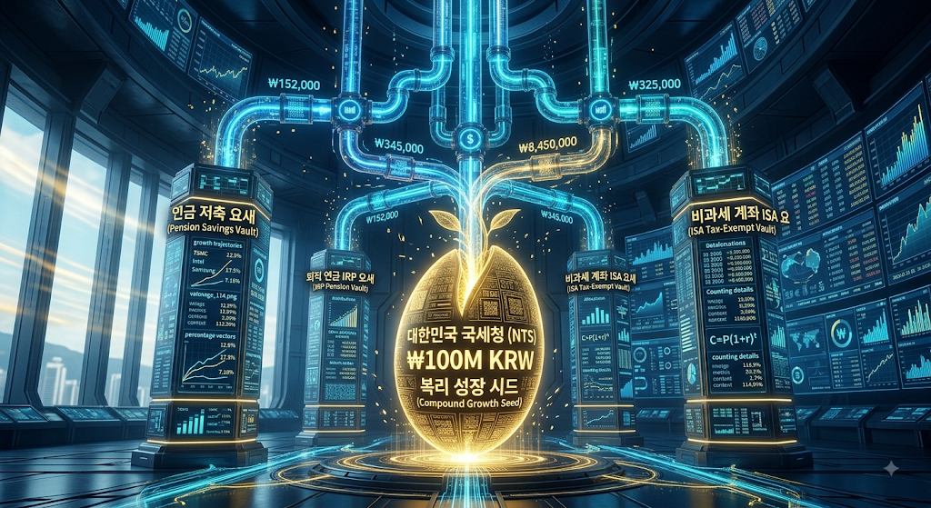 퇴직금 1억 원을 일시금 소진 없이 평생 현금 파이프라인으로 전환하고 연금저축 600만·IRP 300만·ISA 절세 3총사로 32억 복리 스노우볼을 완성하는 하이테크 금융 그래픽