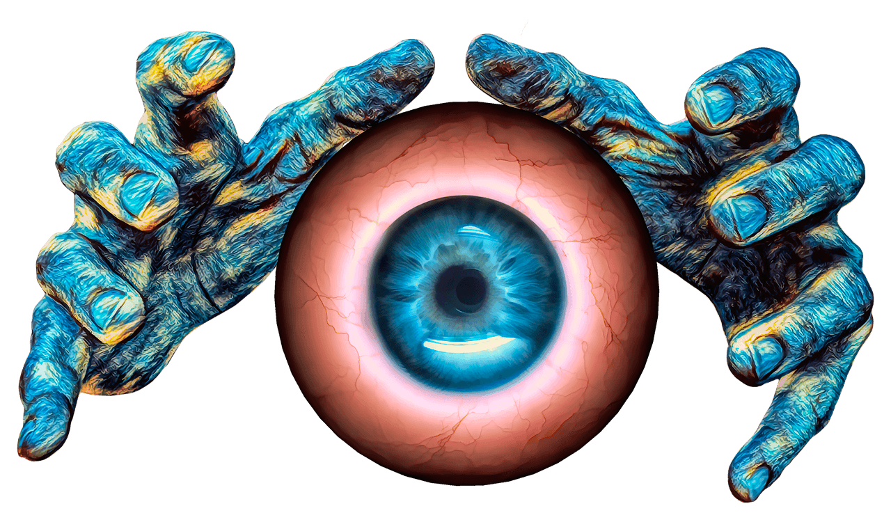 충혈된 눈을 파란 손이 잡으려고 하는 그림