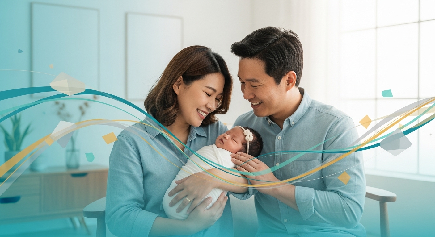 사랑스러운 아기와 행복해 보이는 부모가 출산 및 육아 지원금을 통해 든든한 미래를 준비하는 모습