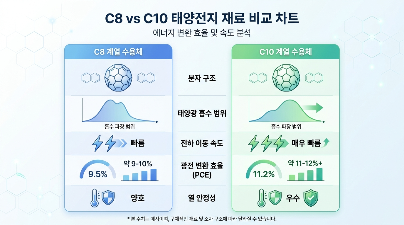 C8 계열과 C10 계열 태양전지 재료의 효율 및 안정성을 비교한 차트로, C10이 더 빠른 속도와 높은 효율을 가짐을 보여주는 이미지