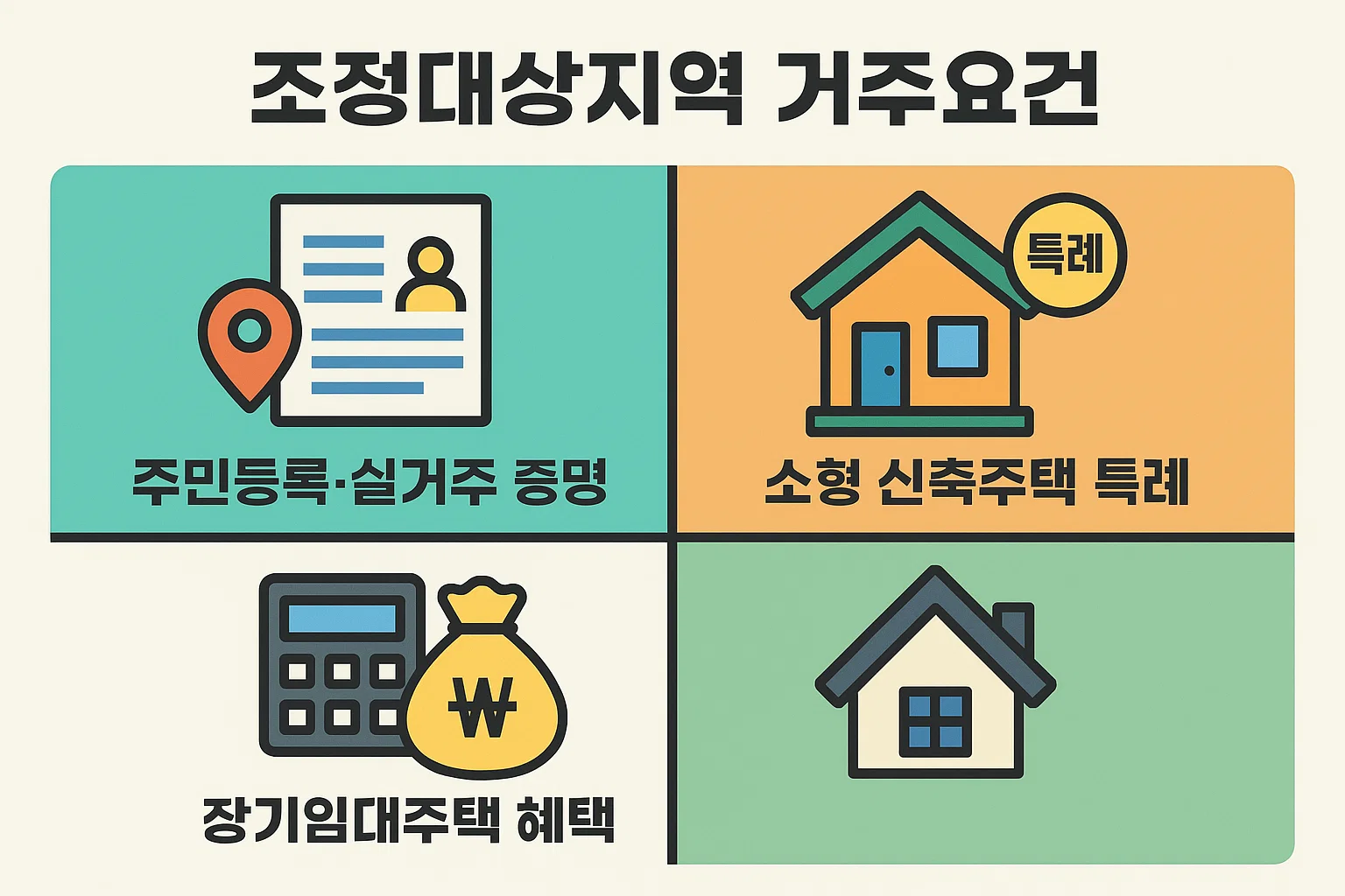 양도소득세 절세를 위해 조정대상지역 거주요건, 주민등록과 실거주 증명, 소형 신축주택 특례, 장기임대주택 혜택 등을 설명한 인포그래픽