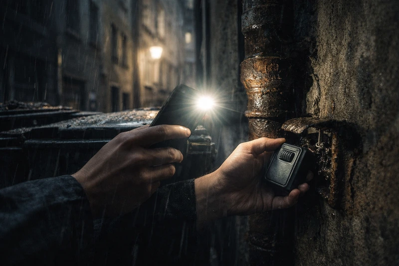 비 오는 유럽 도시의 어두운 골목에서 한 남성 여행객이 스마트폰 플래시를 비추며 오래된 주거용 쓰레기통 뒤쪽 녹슨 배관 사이에 숨겨진 작은 검은색 락박스를 꺼내는 장면. 젖은 벽면과 빗줄기가 긴장감 있는 분위기를 만든다.
