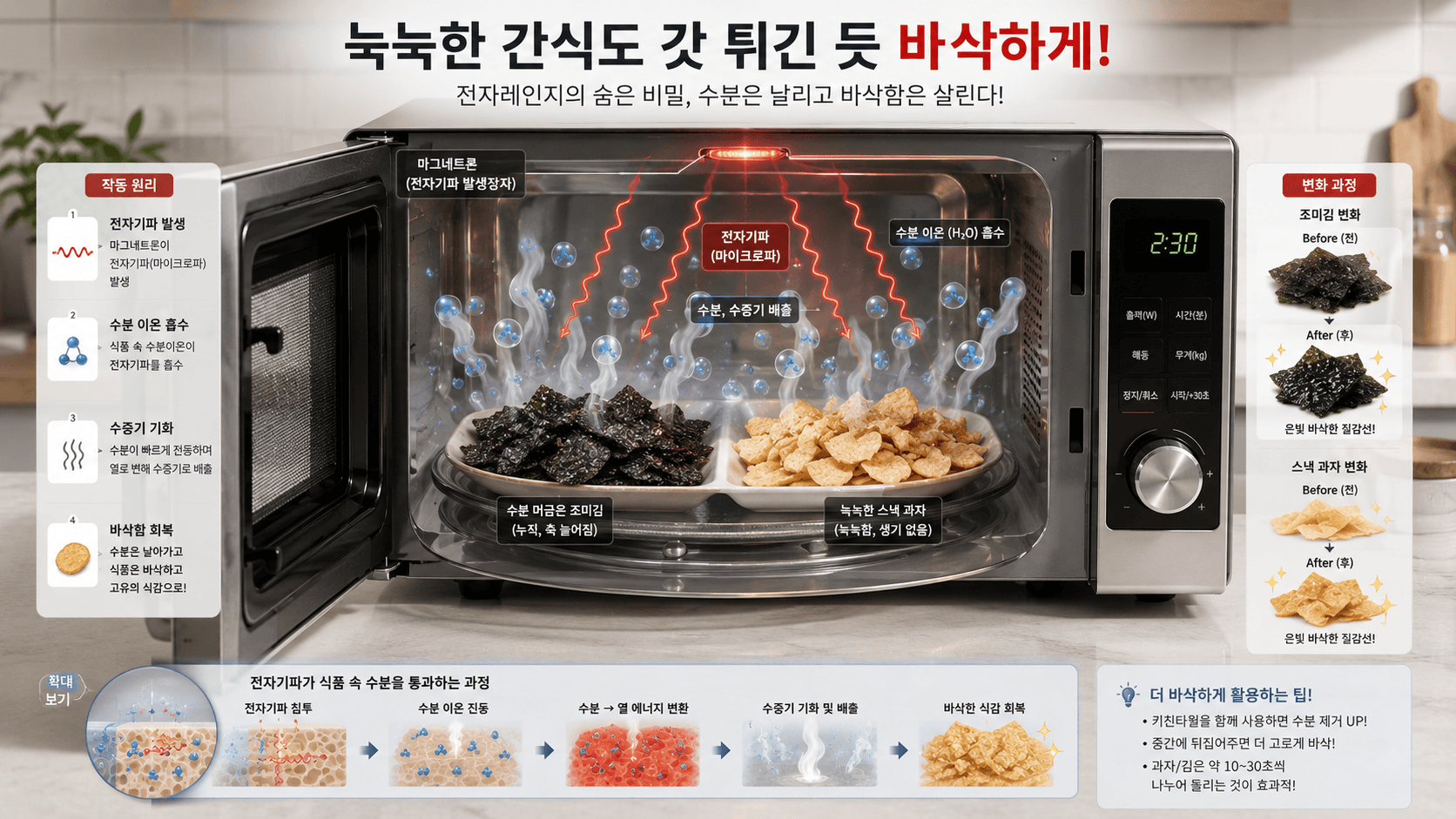 전자레인지에서 눅눅한 간식이 바삭하게 복원되는 과정 이미지
