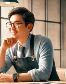 턱을 괴고 앉아서 웃고 있는 남자의 모습