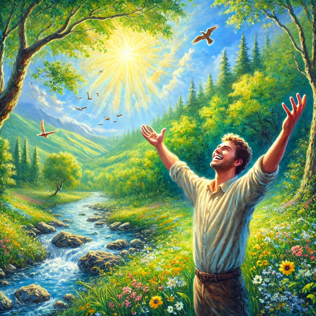 아래 이미지는 시편 100편 1-2절 말씀을 묵상하며, 자연과 사람과 모든 것을 바라보며 주님께 기쁨으로 나아가 찬양하는 모습을 표현한 것입니다. 밝은 햇살 아래 만물을 찬양하는 마음으로 두 손을 들고 주님께 외치며 기뻐하는 모습이 담겨 있습니다. 할렐루야! 🙌🌿🌞