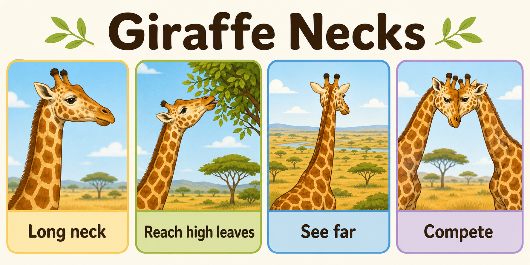 Infographic explaining how giraffes use long necks to reach leaves, see far, and compete
