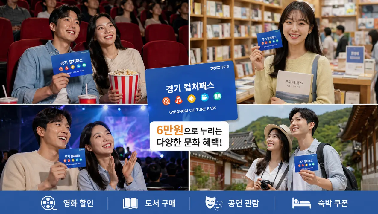 영화관, 서점, 공연장, 여행지를 배경으로 즐거워하는 사람들이 문화패스 카드를 들고 있는 모습. 경기 컬처패스의 다양한 혜택을 시각적으로 표현.