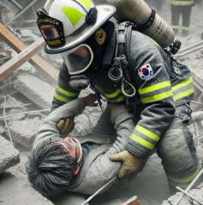 요구조자를 구조중인 소방관 사진